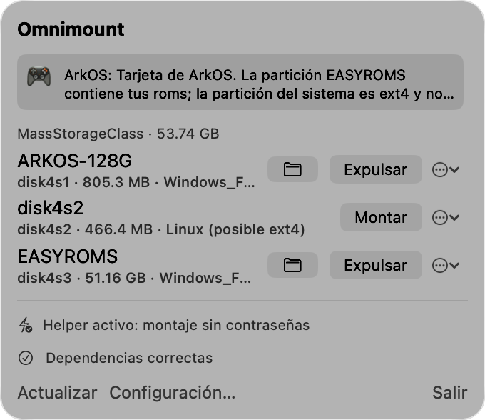Panel de Omnimount con una tarjeta ArkOS